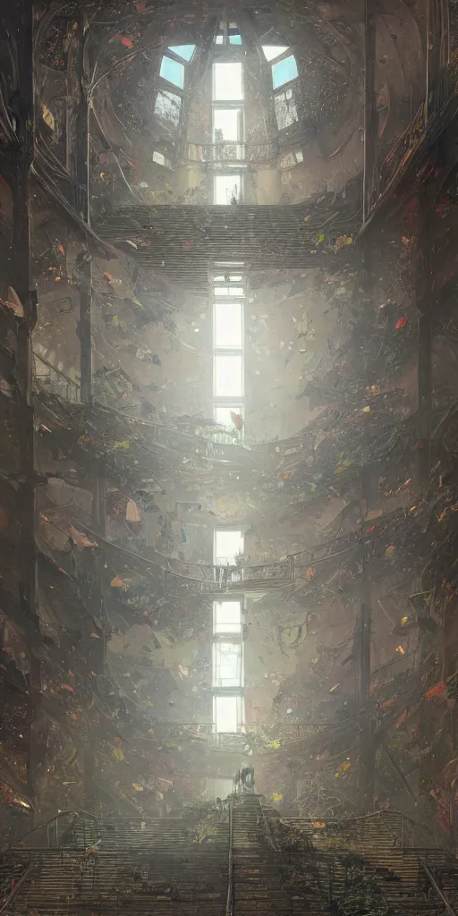 Image similar to i climb up on the endless stairs inside this decayed hitech brutalist building, rays of lights breaking through the holes in the walls, ruined litter, endless stairs going up, monumental, global illumination, by rhads and ferdinand knab and makoto shinkai and alphonse mucha