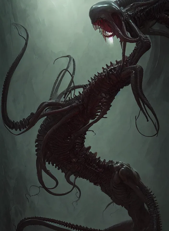 Image similar to a body portrait of a creature invoking fear, art by greg rutkowski, squid alien xenomorph, scifi horror setting, dark lighting, matte painting, trending on artstation, very detailed