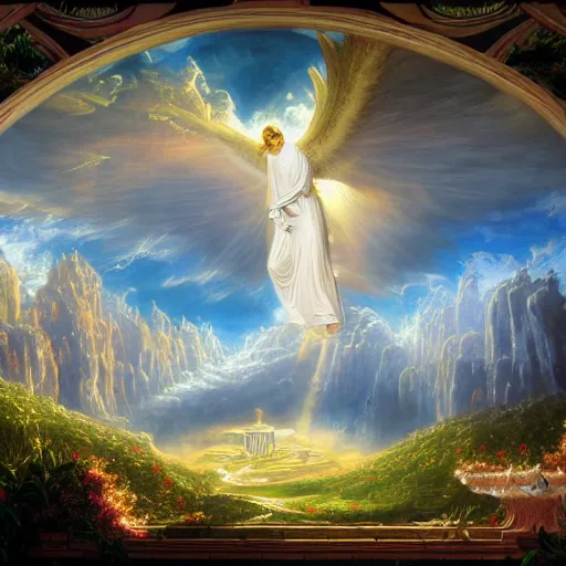 Prompt: realistic detailed view of heaven by terance james bond, russell chatham, greg olsen, thomas cole, james e reynolds, photorealistic, fairytale, art nouveau, white light, gold color, illustration, concept design, storybook layout, story board format