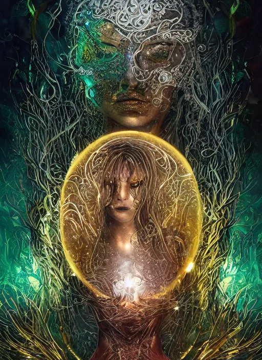 Prompt: glowing silver and golden elements, full close-up portrait, A beautiful dark witch in front of the full big moon, book cover, colorful gems, green forest, red white black colors, establishing shot, extremly high detail, foto realistic, cinematic lighting, pen and ink, intricate line drawings, by Yoshitaka Amano, Ruan Jia, Kentaro Miura, Artgerm, post processed, concept art, artstation, matte painting, style by eddie, raphael lacoste, alex ross