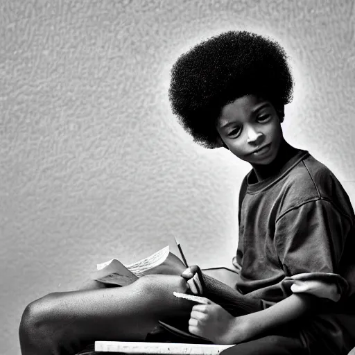 Prompt: a black boy with an afro hairstyle sits at the bench and writes something in a copybook with a pencil, the 9 0 s, garlem, black and white concept art