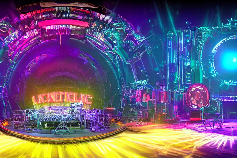 Image similar to a concert stage, big glowing letters over the stage tripmachine, center of the stage is a big futuristic steampunk generator surrounded by speaker towers, rock musicians on the stage, laser show, 8 k, fluorescent colors, halluzinogenic, multicolored, exaggerated detailed, unreal engine