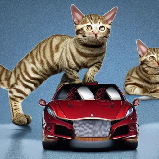 Image similar to wealthy humanoid cats driving luxury cars, digital art