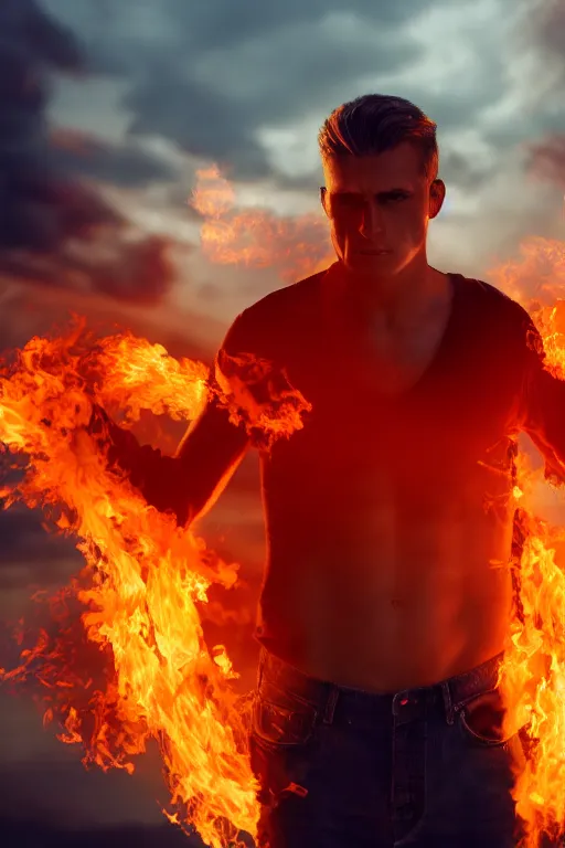 Image similar to a man so hot he is starting to catch on fire, 4 k, cinematic lighting, real shadows, high details, unreal render, summer evening