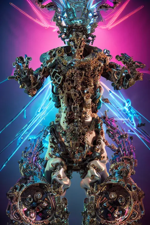 Image similar to full-body rococo and cyberpunk style sculpture of a young handsome Spanish prince half android with a chest exposing circuitry, glowing pink laser eyes, crown of blue gears and diamonds, swirling salmon-colored silk fabric, robotic raptors dinosaurs. baroque elements. full-length view. intricate artwork by caravaggio. Trending on artstation, octane render, cinematic lighting from the right, hyper realism, octane render, 8k, depth of field, 3D