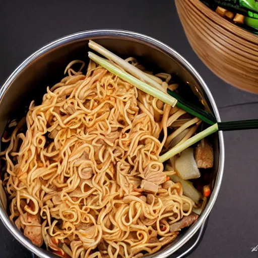 Image similar to a pot full of pork yakisoba inside a chinese restaurant, 4K photo, zoom, award winning, background blur