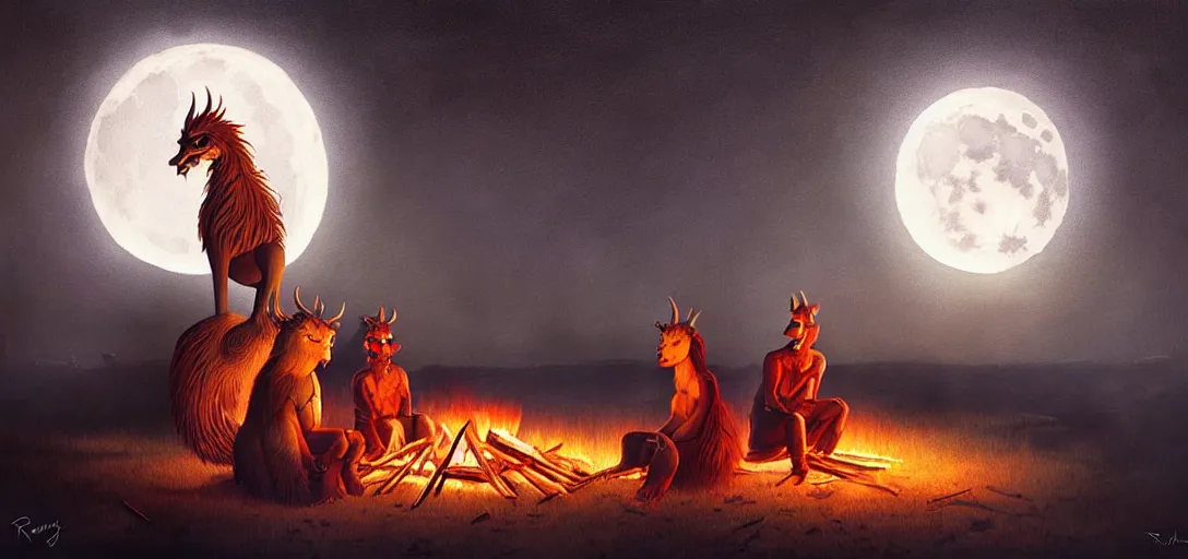 Image similar to strange mythical beasts of sitting around a fire under a full moon, surreal dark uncanny painting by ronny khalil