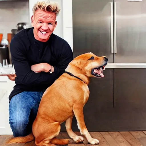 Image similar to gordon ramsay smiling ear to ear after making a dog dish