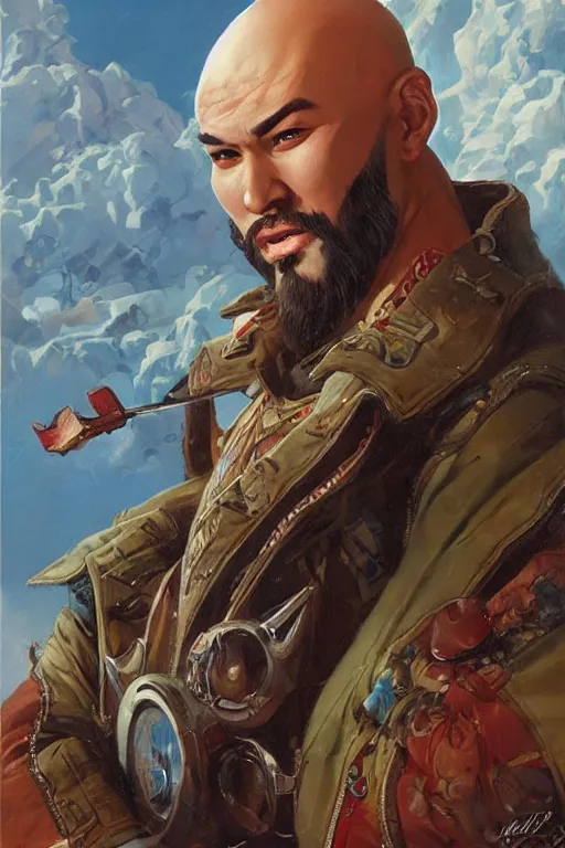 Image similar to beautiful gorgeous bald kazakh guy with a short beard, painted by tom lovell, alex malveda, greg staples