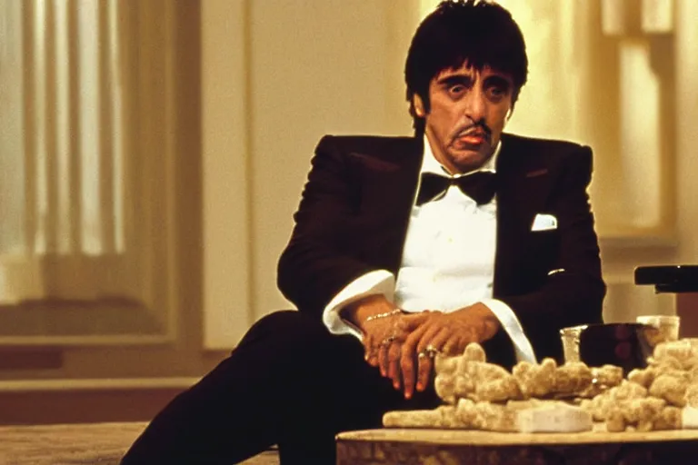 Image similar to tony montana from movie scarface 1 9 8 3 sitting at a big black oak table with big packages of flour. next to the night window. al pacino. perfect symmetric face, coherent eyes,, fine details, 4 k, ron cobb, cinestill