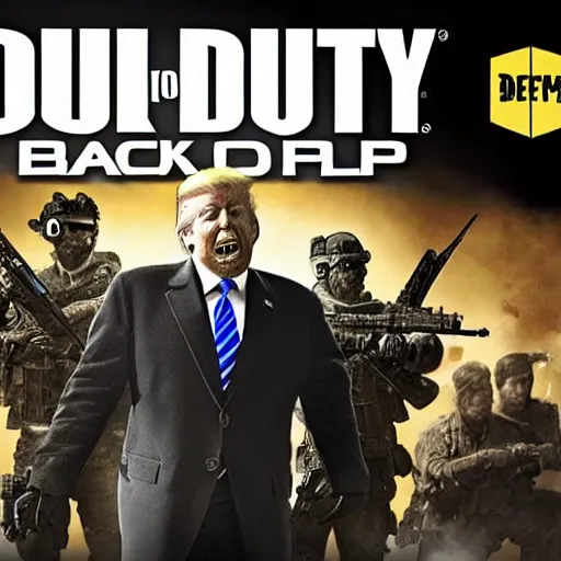 Image similar to Donald Trump on the call of duty black ops 2 cover art