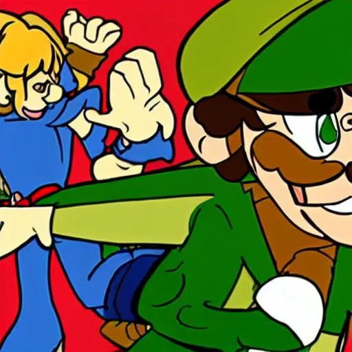 Prompt: shaggy rogers fighting ( ( ( mario ) ) )