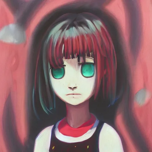 Image similar to expressive oil painting of the character madotsuki from the game yume nikki