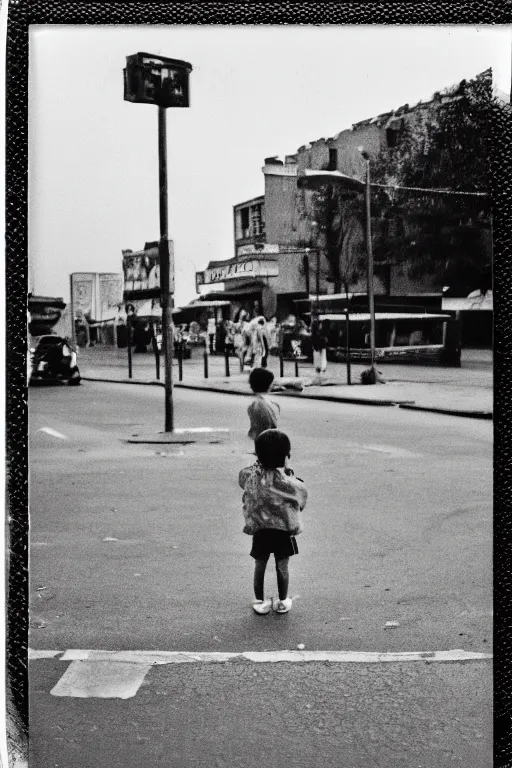 Prompt: photo polaroid of sad and lonely child in the middle of the street, in front of him a funfair, loneliness, war, black and white ,photorealistic, 35mm film,