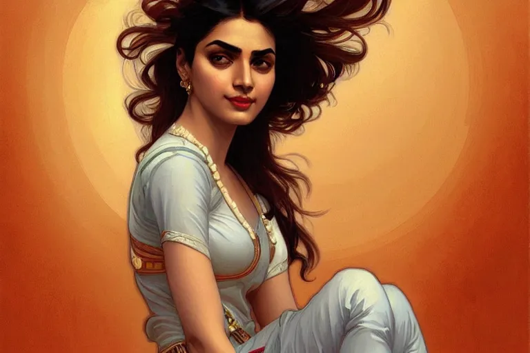 Image similar to sensual pale beautiful indian doctor in jeans, art deco portrait, elegant, intricate, digital painting, artstation, concept art, smooth, sharp focus, illustration, art by artgerm and greg rutkowski and alphonse mucha