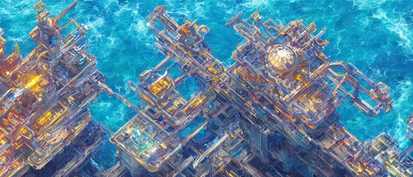 Image similar to futuristic oil platform on a colorful ocean, unreal engine, fantasy art by greg, loish, rhads, ferdinand knab, makoto shinkai, lois van baarle, ilya kuvshinov, rossdraws, tom bagshaw, global illumination, radiant light, highly detailed intricate environment, isometric, onstudio ghibli, octane render, 8 k