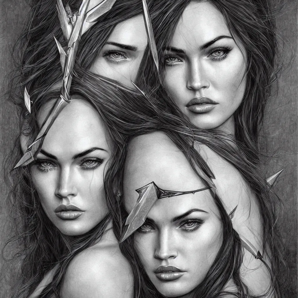 Image similar to portrait of beautiful megan fox as greek goddess aphrodite, archer, arrow on the head, beautiful piercing eyes, flowing blonde hair, realistic face, black and white drawing, in the style of greg rutkowski, fantasy, amazing detail, epic, intricate, elegant, smooth, sharp focus