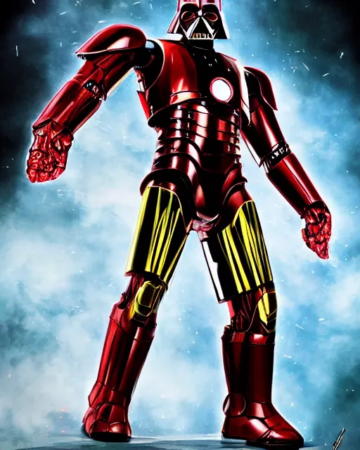 Prompt: darth vader in iron man armor, red and yellow metallic, firing repulsor energy shots from his hands, low camera angle, dramatic lighting, yusuke murata anime, colored, highly detailed