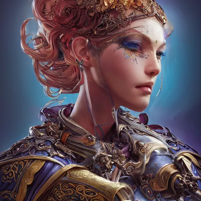 Image similar to studio portrait of lawful good colorful female holy mech paladin as absurdly beautiful, elegant, young sensual pretty woman, ultrafine hyperrealistic detailed face illustration by kim jung gi, irakli nadar, intricate linework, sharp focus, bright colors, matte, octopath traveler, final fantasy, unreal engine highly rendered, global illumination, radiant light, intricate environment