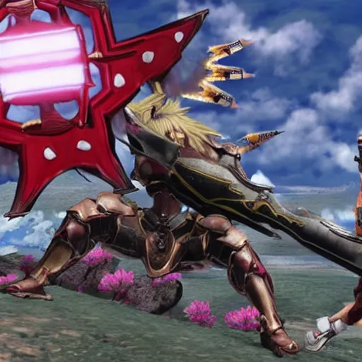 Image similar to joe biden fighting a mecca in xenoblade chronicles