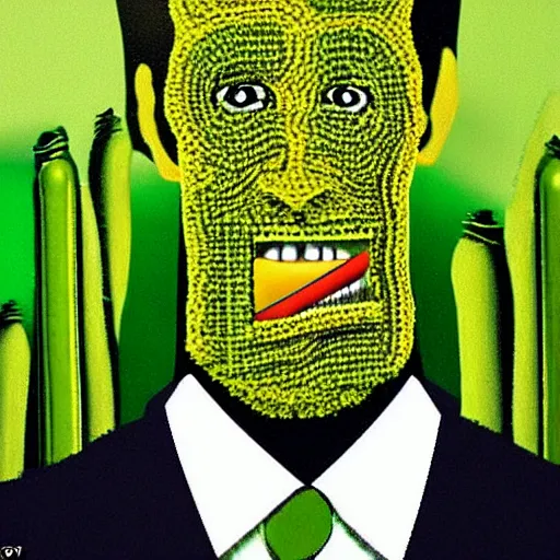 Image similar to a tall man in a suit, the man is made out of pickles, surreal, highly detailed