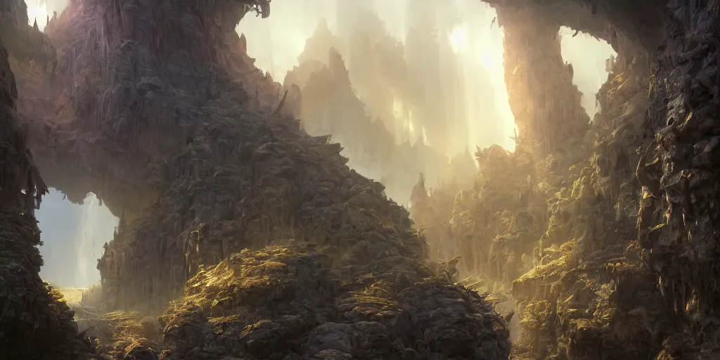 Image similar to A beautiful hyper realistic detailed matte painting of an entrance to a dungeon of the gods at the base of an ancient mountain, dramatic lighting, dynamic lighting, cinematic lighting, lit by morning light, by Finnian MacManus and Jessica Rossier, unreal engine, featured on artstation, ultrawide angle, f8, polarizer filter