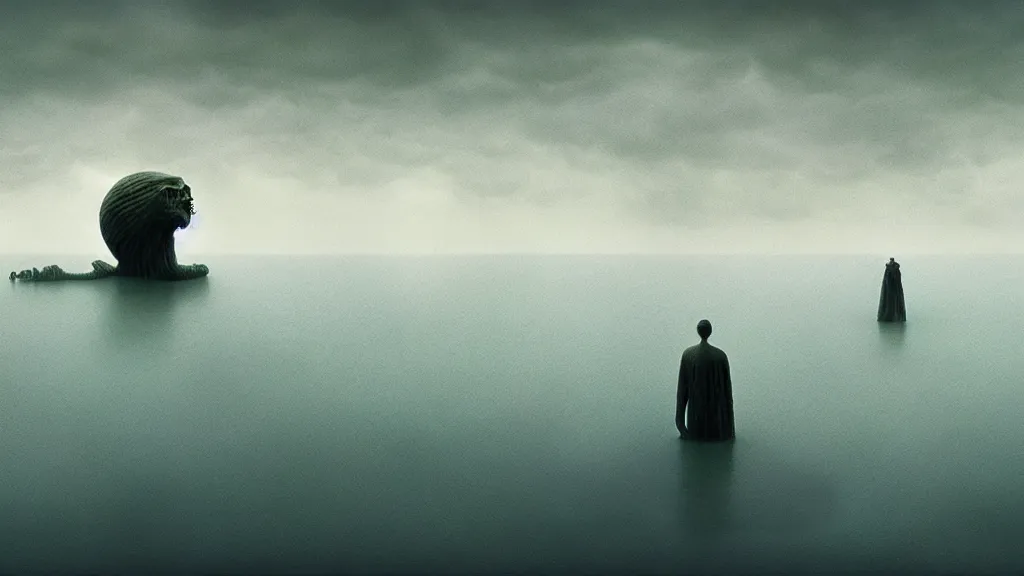 Prompt: the haunted ocean, made of milk, they fight me, film still from the movie directed by denis villeneuve and david cronenberg with art direction by salvador dali and zdzisław beksinski, wide lens