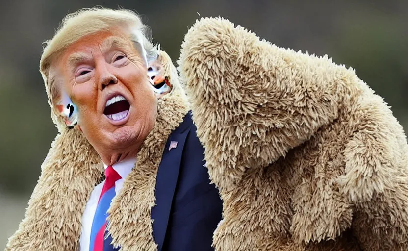 Image similar to Donald Trump in a baby mammoth costume , with an open face