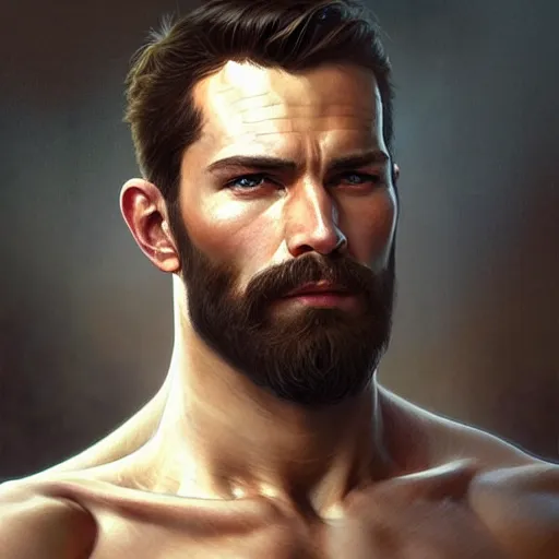 Image similar to portrait of a rugged ranger, handsome, upper body, muscular, 20 years old, D&D, fantasy, intricate, elegant, highly detailed, digital painting, artstation, concept art, matte, sharp focus, illustration, art by Artgerm and Greg Rutkowski and Alphonse Mucha