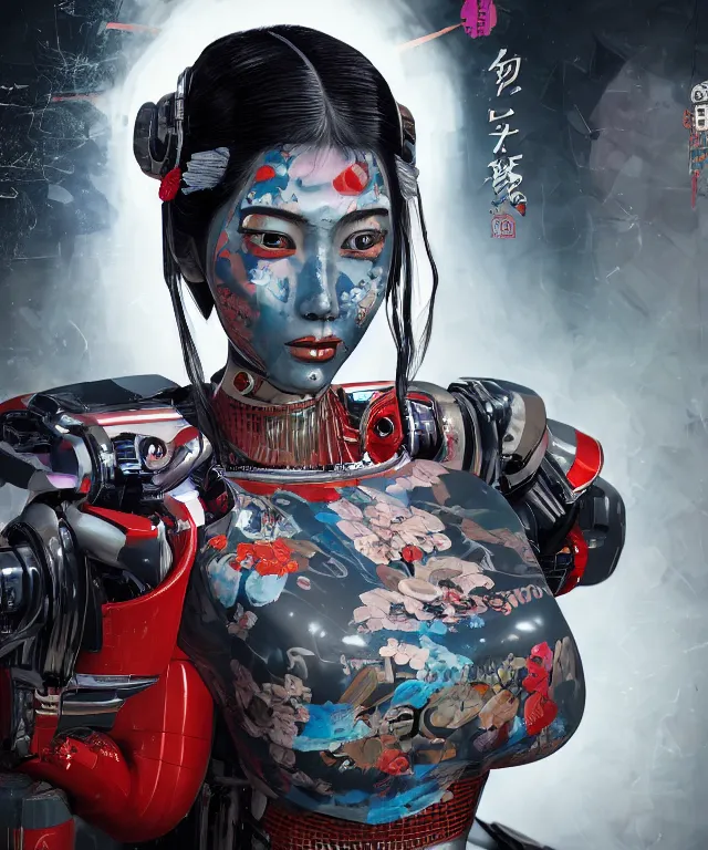 Image similar to an epic fantastic realism comic book style portrait painting of a japanese robotic geisha with kanji tattoos and decals, apex legends, octane render, intricate detail, 4 k hd, unreal engine 5, ex machina, irobot