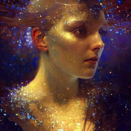 Image similar to hyperrealist portrait of an enormous glowing head made of stars by jeremy mann and alphonse mucha and alan lee, fantasy art, photo realistic, dynamic lighting, artstation, poster, volumetric lighting, very detailed faces, award winning