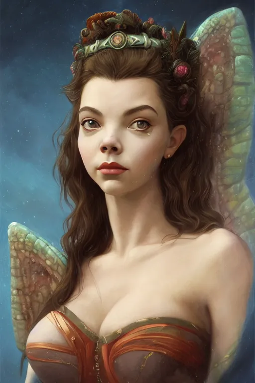 Image similar to A fantasy comic book style portrait painting of Anya Taylor-Joy, hybrid, Sophia Loren, as an Atlantean Reptilian Warrior, François Boucher, Oil Painting, Mystical Valkyrie, unreal 5, DAZ, hyperrealistic, octane render, Regal, Refined, Detailed Digital Art, RPG portrait, William-Adolphe Bouguereau, Michael Cheval, Walt Disney (1937), Steampunk, dynamic lighting, Highly Detailed, Cinematic Lighting, Unreal Engine, 8k, HD