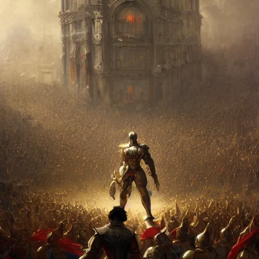 Image similar to artstation concept of a man in armor standing in a crowd gettig cheered, man with arms wide open, bright colorful, gold, hyperdetailed, artstation trending, world renowned artists, worth 1 0 0 0. com, historic artworks society, antique renewel, cgsociety, by greg rutkowski, by gustave dore, deviantart