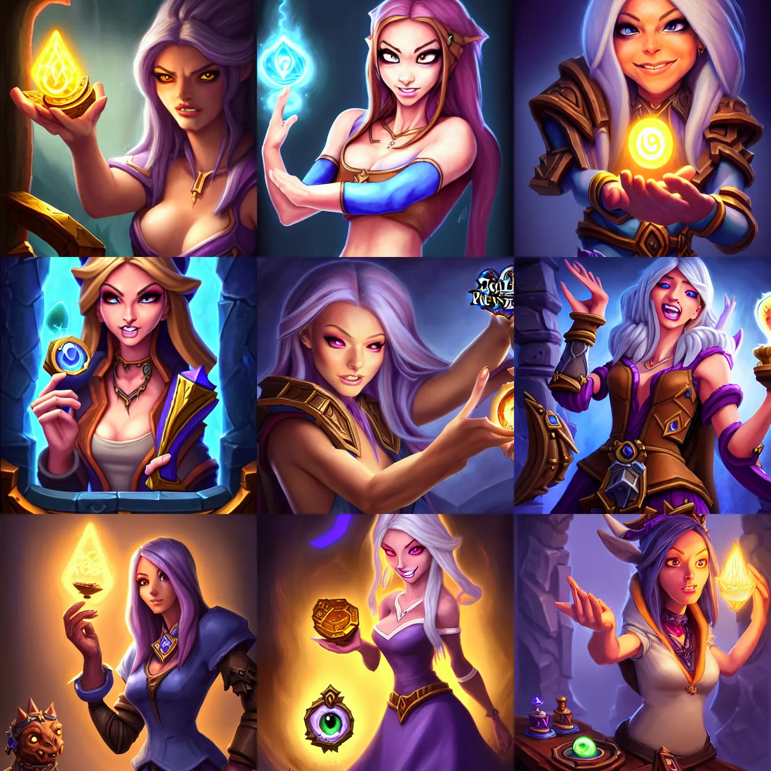 Prompt: Full body Hearthstone official professional art, with realistic beautiful face & eyes. A sorceress finding a treasure. Insanely coherent and well drawned physical body parts (face, arms, elbows, legs, hair, eyes, hands, 5 fingers). Full body, sharp focus, 8k high definition, insanely detailed, intricate, elegant, smooth, sharp focus, ArtStation