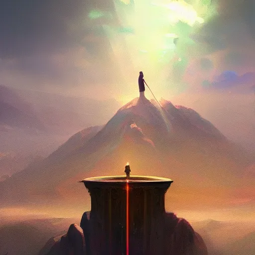 Image similar to a throne in heaven. On the throne sat someone who shone like a diamond or a ruby. Around the throne, a rainbow shone like an emerald. ,digital Art, hiperrealist Detailed, cinematographic, artstation Greg rutkowski