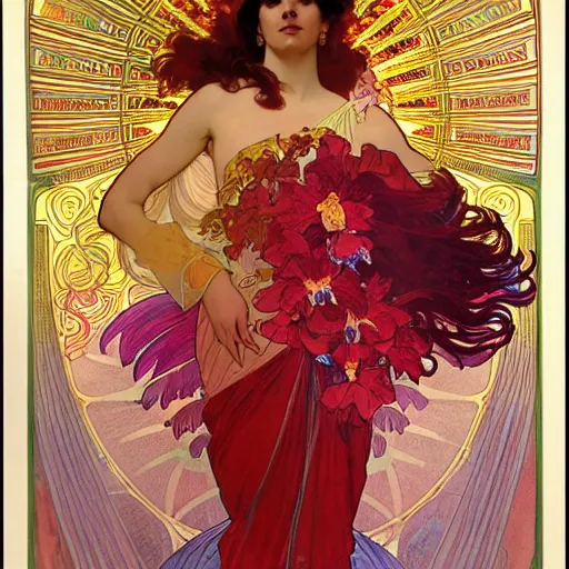 Image similar to a beautiful orchid phoenix angel woman, in an ornamented dress with large, volumetric light, god rays, 8 k high resolution, rubies, by alphonse mucha