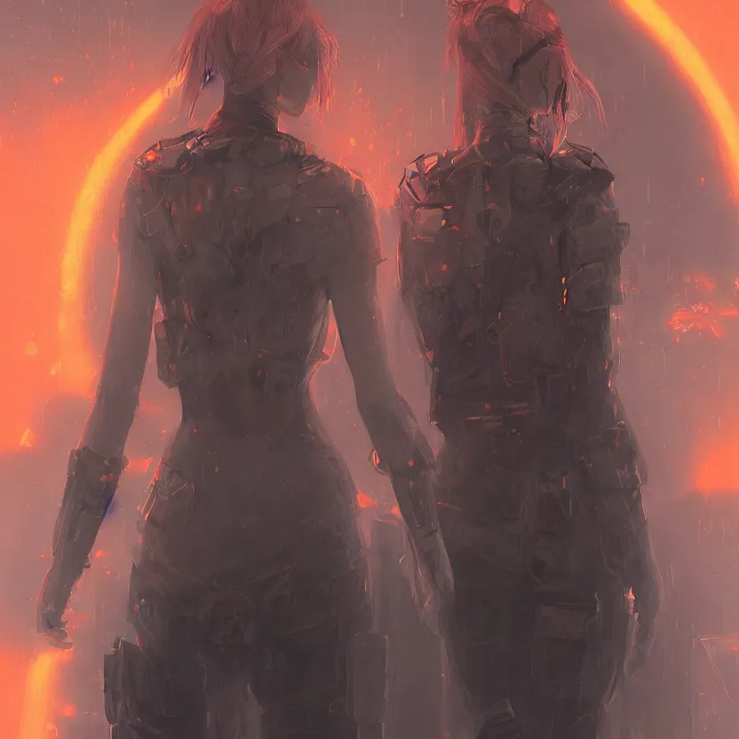 Prompt: portrait of a beautiful guard seen from the back in front of a dystopian (orange fog) merkabah flower of life cyberpunk trending on artstation