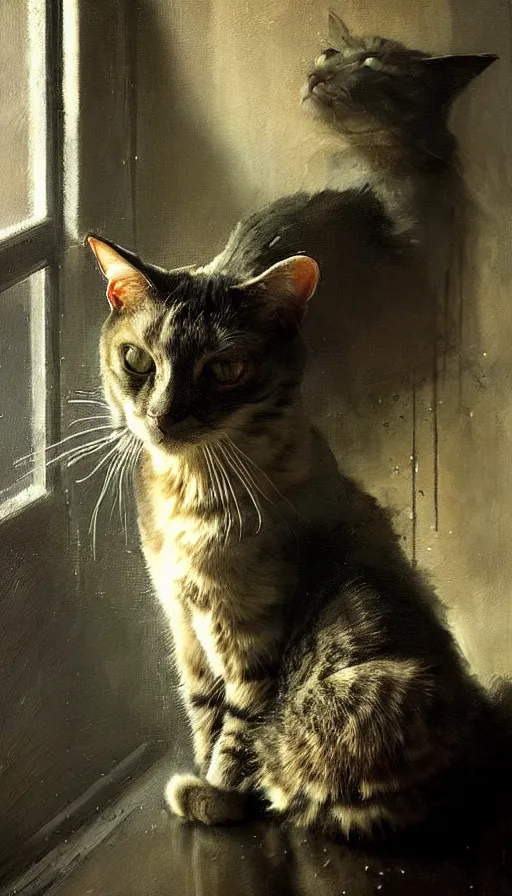 Prompt: a dramatic portrait of a cat inside a modern apartment, intricate oil painting, hyperdetailed, ethereal, cinematic, dramatic lighting, by jeremy mann and julius adam ii