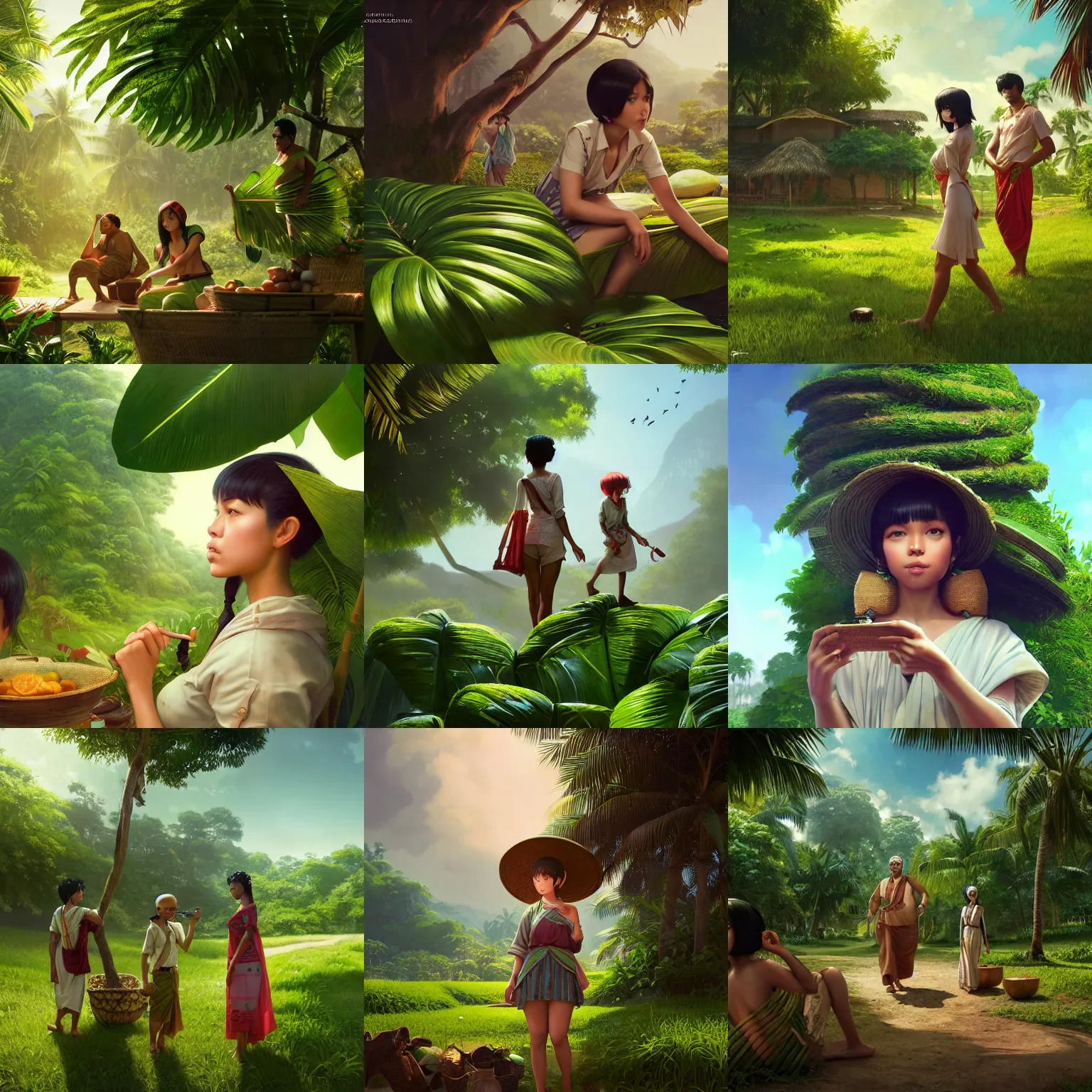 Prompt: very very kerala village by wlop, on a gigantic green plantain leaf by ilya kuvshinov, rtx rendering, octane render 1 2 8 k, maya, extreme high intricate details by tom bagshaw, digital anime art by ross tran, medium shot, close up shot, composition by sana takeda, lighting by greg rutkowski