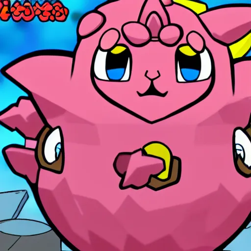 Prompt: jigglypuff in hell fighting demon hordes with a machine gun