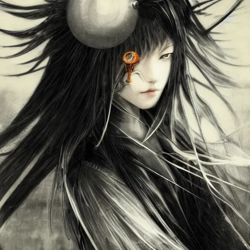 Image similar to Yoshitaka Amano blurred and dreamy illustration of an anime girl with pirate eye patch, wavy white hair and cracks on her face wearing Elden ring armour with the cape fluttering in the wind, abstract black and white patterns on the background, noisy film grain effect, highly detailed, Renaissance oil painting, weird portrait angle