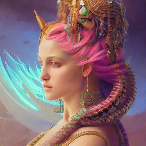 Image similar to octane render, artstation, 8 k, intricate detail, hyper detail, portrait by gaston bussiere, greg rutkowski, sandro botticelli, tan lady of elche egyptian sumerian techno mystic goddess princess intergalactica inanna with aqua neon rapunzel dreadlocks,