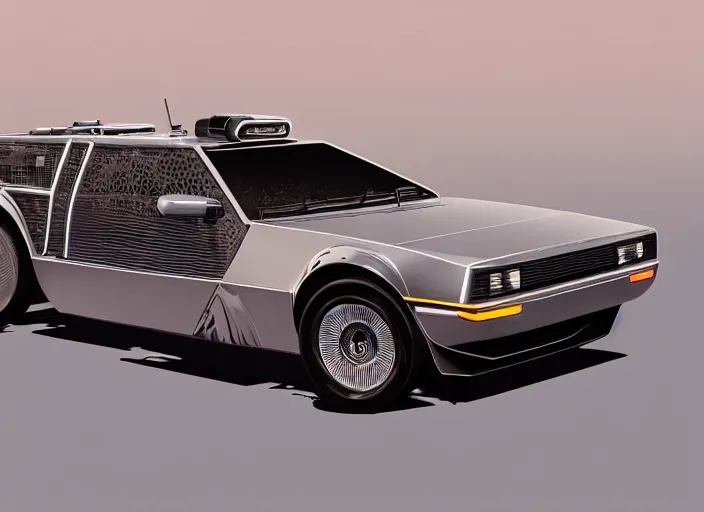 Image similar to wide view shot of a new car for 2 0 3 2 with offroad tires installed. style by petros afshar, christopher balaskas, goro fujita, and rolf armstrong. car design by delorean motor company and land rover.