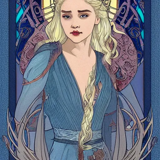 Image similar to ann heche as daenerys targaryen, mucha style,