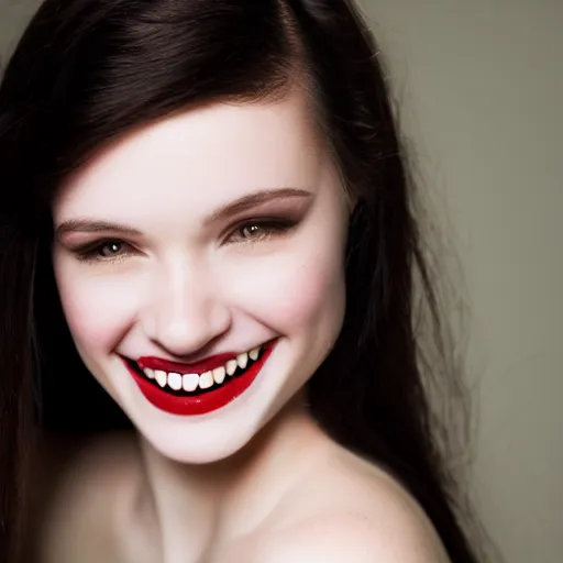 Prompt: beautiful young pale brunette vampire woman smiling, photoshoot, 30mm, Taken with a Pentax1000, studio lighting