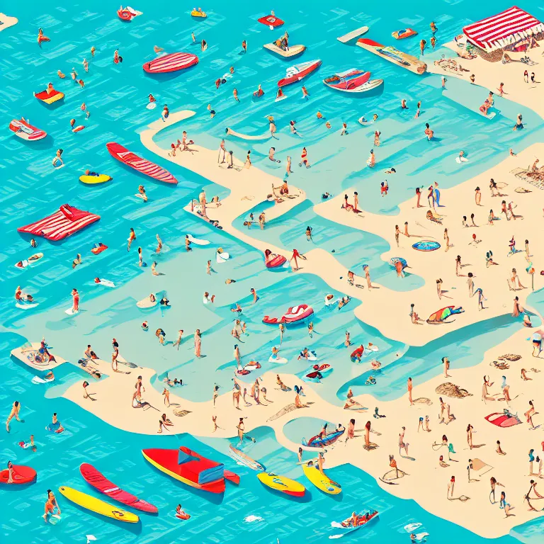 Image similar to high detailed full page spread from the where's waldo at a densely populated beach, isometric, waldo in the top right of frame, high detail illustration, coherent