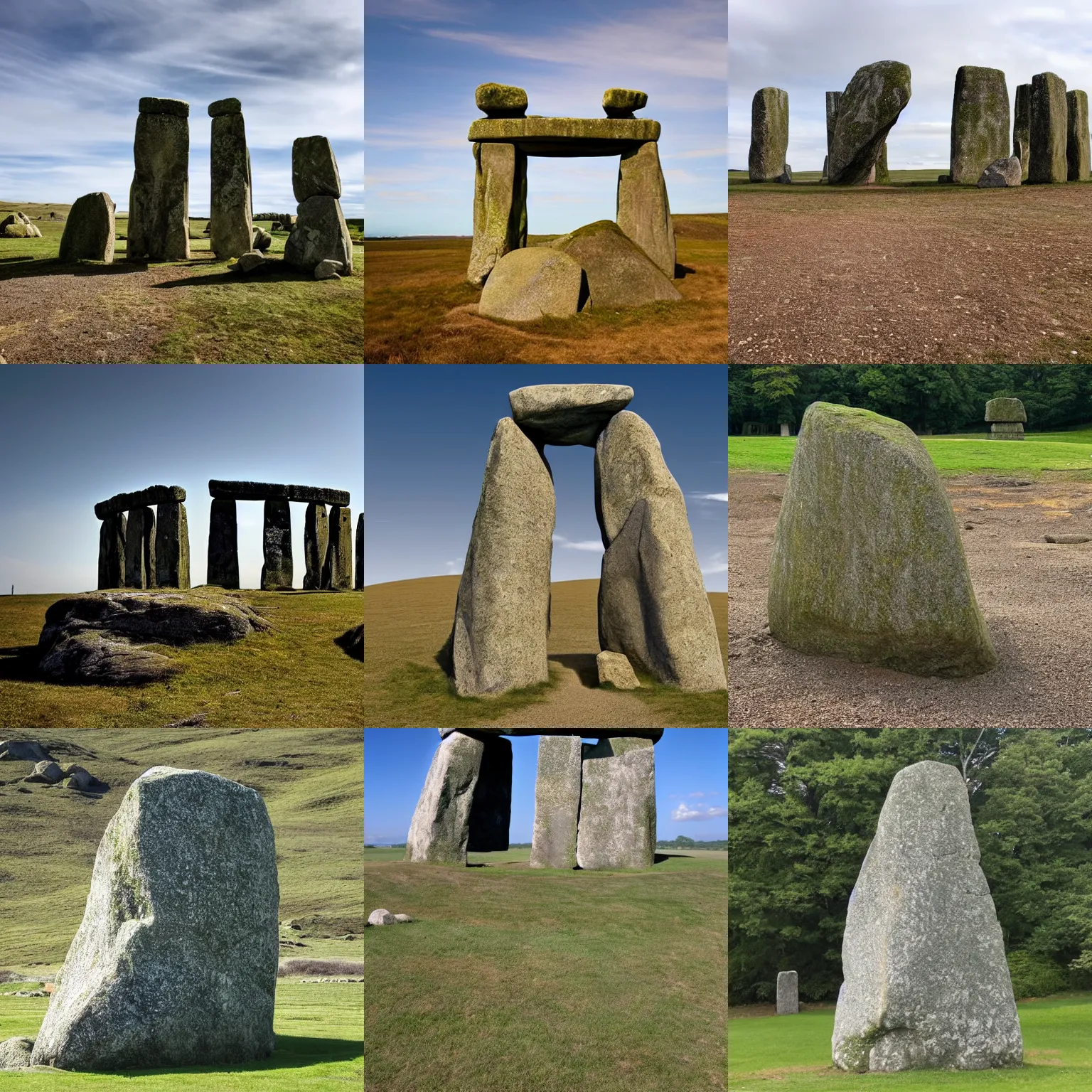 Prompt: a standing stone monument that looks like stonehenge but it is really a rock giant that is pushing against the ground to stand up and walk away. dirt is shifting and falling down the sides and a stone face is visible