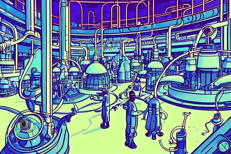 Image similar to a scifi illustration, factory interior. top down fisheye view. vats of fluid. and many workers. flat colors, limited palette in FANTASTIC PLANET La planète sauvage animation by René Laloux