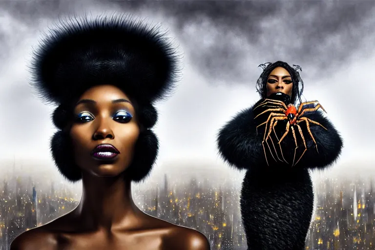 Prompt: realistic detailed photorealistic portrait movie shot of a beautiful black woman in a fur coat with a giant spider, dystopian city landscape background by denis villeneuve, amano, yves tanguy, alphonse mucha, ernst haeckel, david lynch, edward robert hughes, roger dean, cyber necklace, rich moody colours, cyber patterns, wide angle