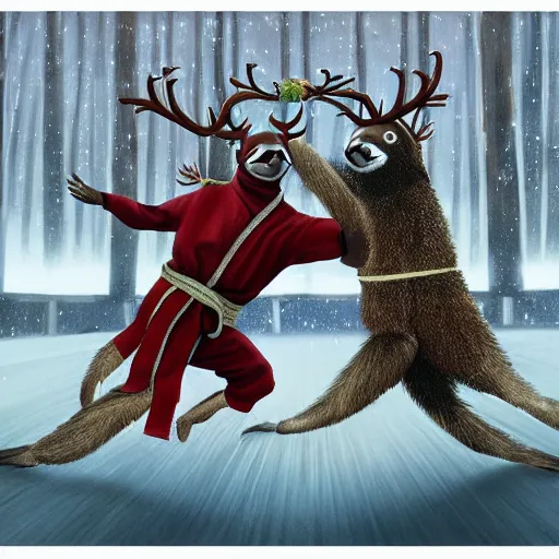 Prompt: a sloth vs reindeer kung fu style in a dojo, facing each other, aggressive sloth vs a muscled reindeer, best photo award, high quality 8 k, cinematic lighting, painting by kusama, high detail, realism : 9 5 %